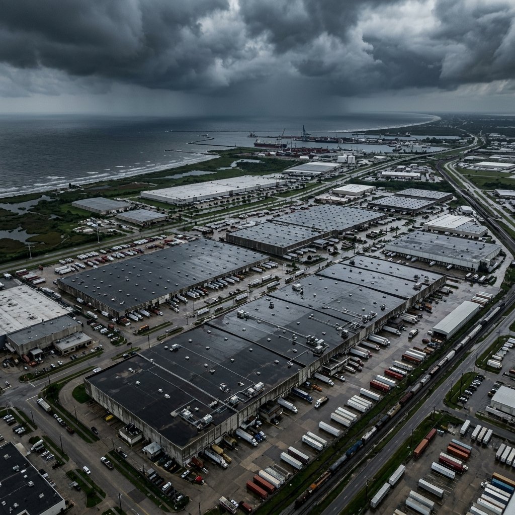 Gulf Coast industrial facilities under storm clouds