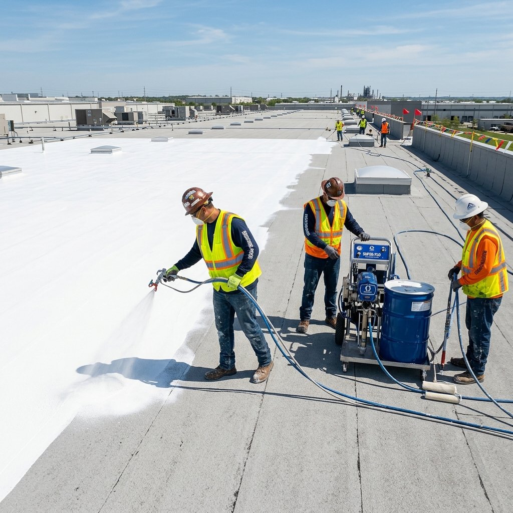 Roofing contractors applying fluid-applied coating on commercial roof
