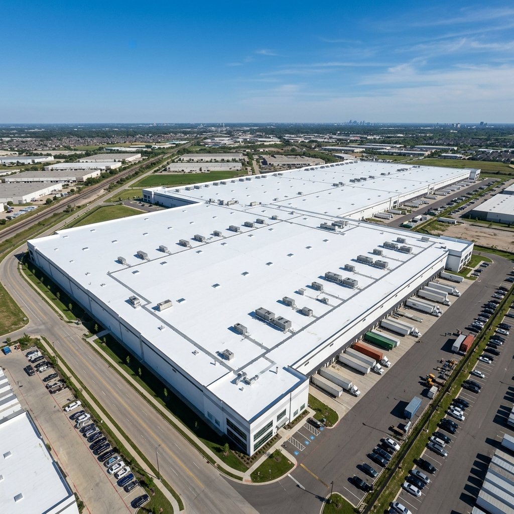 Industrial corridor Texas warehouse rooftop