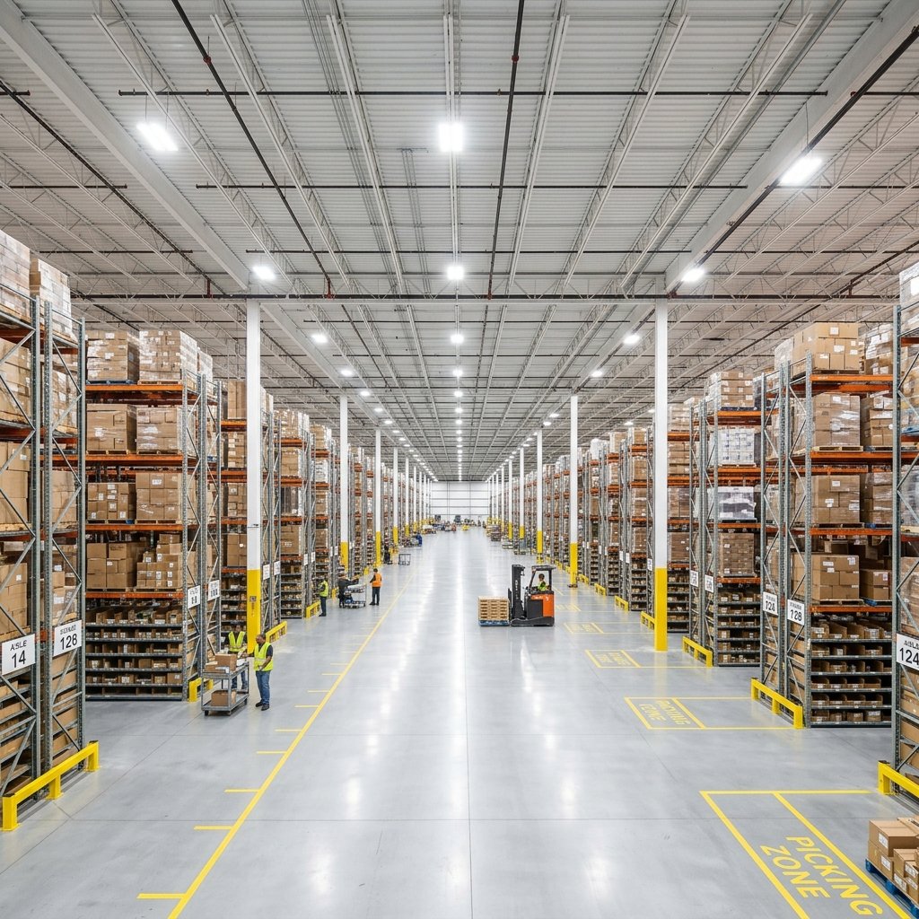 Modern warehouse interior with pristine ceiling condition